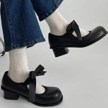 2023, женская обувь, женские туфли-лодочки на шнуровке, Mary Jane, осенняя женская обувь на среднем каблуке с круглым носком и узлом-бабочкой, женская обувь с мелким носком