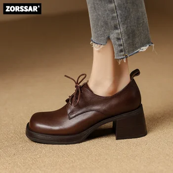 2023 Новые женские туфли-лодочки на толстой подошве с квадратным носком, туфли-лодочки на массивном каблуке в стиле ретро, женские модельные туфли из натуральной коровьей кожи на шнуровке, Размер 34-40
