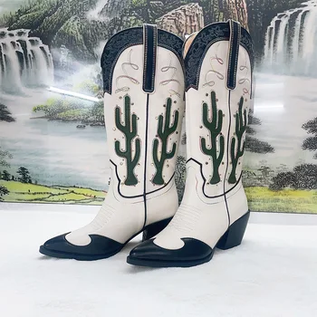 2023, Осенне-зимние белые сапоги до колена в стиле ретро, Новые женские удобные ковбойские сапоги в западном стиле для прогулок, обувь для дропшиппинга