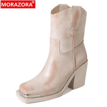 MORAZORA 2023, Новые ботинки на платформе из натуральной кожи, осенне-зимняя обувь без застежки с квадратным носком, женские ботинки до середины икры, Обувь