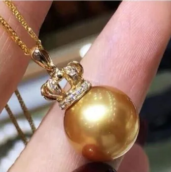 Великолепный AAAAA10-11mm натуральный Золотой круглый жемчуг Южного моря с подвеской necklace18 