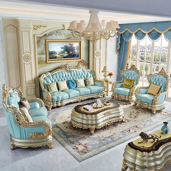 Европейский кожаный диван 124 комбинация цвета шампанского с резьбой по натуральному дереву или рисунками на деревянном кожаном диване и журнальном столике