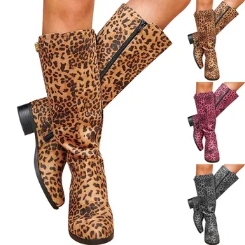 Женские ботинки с леопардовым принтом в стиле ретро на массивном каблуке, ковбойские сапоги для женщин, сапоги с широкими голенищами для женщин, без каблука