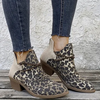 Женские джинсовые ботинки, демисезонные Замшевые ботильоны с острым носком на толстом каблуке, женские леопардовые ботильоны на молнии в стиле Ретро Botas Mujer