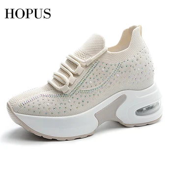Женские кроссовки HOPUS на платформе, дышащая модная женская обувь из дышащей сетки со стразами, новинка 2023 года, увеличивающая рост.