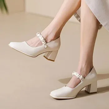 Женские туфли Mary Jane Размера Плюс 42, туфли-лодочки с жемчужной пряжкой и ремешком, Модельные туфли на среднем каблуке, Красно-белые Свадебные туфли Zapatos Mujer