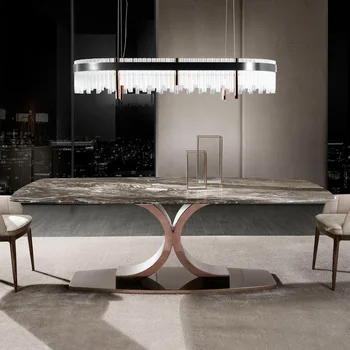 Итальянская дизайнерская вилла большой блок Итальянский минимализм легкий роскошный натуральный мрамор прямоугольный обеденный стол из нержавеющей стали