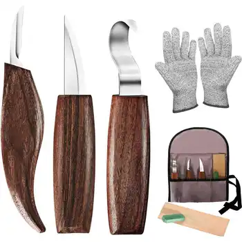 Набор инструментов для резьбы по дереву 7 в 1 с крючком для резьбы, Ножом для выстругивания древесины, перчатками для вырезания стружки, точилкой для резьбы
