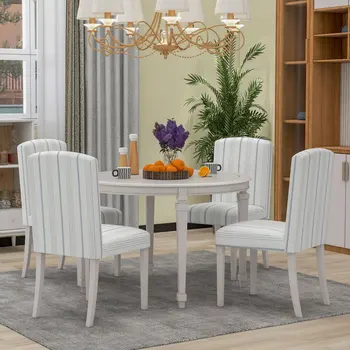 Обеденный стол из 5 предметов, Круглый стол с ножками из массива дерева и 4 стула, обитых полосатой тканью