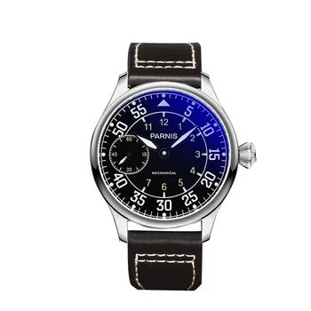 Роскошный бренд Parnis 44 мм Черный циферблат Мужские часы с механическим ручным заводом Механизм ST3600 Кожаный ремешок Наручные часы для мужчин 2023 г.