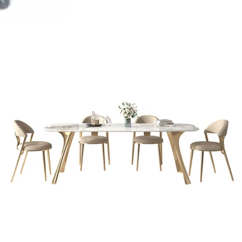 Роскошный кухонный обеденный стол из каменной плиты с 4 стульями В золотой раме из нержавеющей стали, стол из искусственного мрамора, мебель для дома eettafel comedor