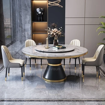 Сочетание светлого роскошного мраморного обеденного стола и стула Современный минималистичный Круглый обеденный стол для маленькой квартиры с поворотным столом