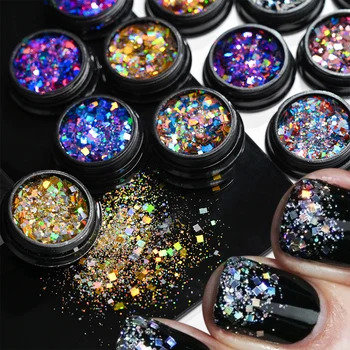 12 Цветов Квадратные Лазерные Блестки Хлопья блеска для ногтей Блестящие 3D Разного размера Нерегулярные Голографические Блестки для маникюра и ногтей
