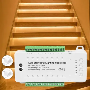 16 Каналов светодиодного лестничного освещения Контроллер лестницы 2 датчика движения PIR Контроллер для внутренней лестницы Гибкая светодиодная лента COB Light