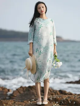 2023 Летнее новое женское платье с принтом из хлопка и льна в китайском стиле в китайском стиле, приталенное платье с длинными рукавами и круглым вырезом в стиле ретро