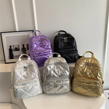 2023 Модный Хлопковый женский рюкзак с космической прокладкой, Золотая Однотонная Школьная сумка, Стеганая Дизайнерская Женская сумка с нейлоновой подкладкой, Женские спортивные рюкзаки