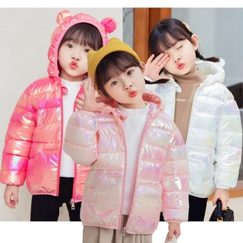 2023 Новая зимняя куртка для девочек, яркое и глянцевое, согревающее пуховое пальто с капюшоном для детей, подарок на день рождения для детей
