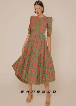 2023, Новое французское платье с рукавами-пузырями в цветочек, красиво облегающее талию, с тонким принтом, юбка-качели большого размера, длинное платье уменьшенного размера