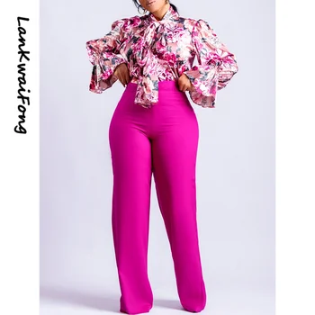 2023 Новый женский топ с цветочным принтом, рубашка, брючный костюм из 2 предметов, Сексуальная повседневная элегантная одежда для пригородных поездок, Широкие брюки на шнуровке