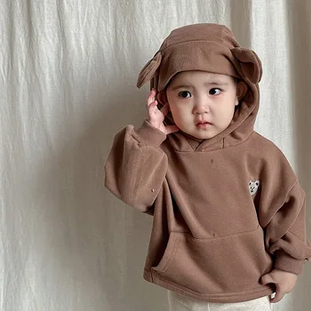 2023 Осенние детские толстовки с капюшоном с вышивкой мультяшного медведя, толстовки для маленьких мальчиков, пуловер для маленьких девочек