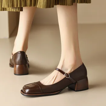 2023 Простые милые базовые однотонные туфли Mary Jane из воловьей кожи на толстом среднем каблуке с квадратным носком, сандалии для женщин, дамы