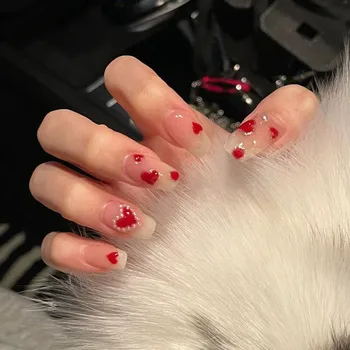 24шт Корейских накладных ногтей Love Pearls Съемный пресс на готовых ногтях Квадратная головка Полное покрытие Балетные накладные ногти