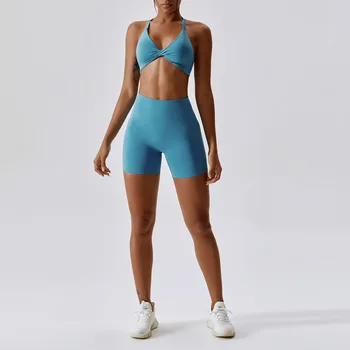 2ШТ Женская спортивная одежда Cross Kinks, бесшовный дышащий быстросохнущий комплект для йоги, одежда для тренировок, бюстгальтер с открытой спиной, леггинсы с высокой талией, комплект