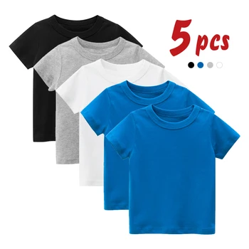 5 шт. Детские летние футболки, однотонные футболки для мальчиков и девочек, повседневный хлопковый топ в корейском стиле, простой дизайн, детский жилет с коротким рукавом
