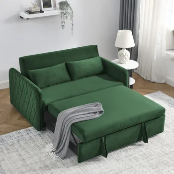 55-дюймовый Современный Раскладной диван-кровать Velvet Loveseat Диван с Выдвижной кроватью, 2 Подушками и Регулируемой спинкой для гостиной