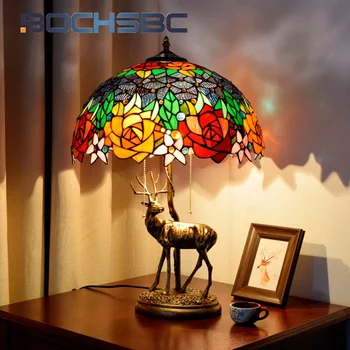 BOCHSBC Настольная лампа с витражным стеклом Тиффани, ретро стиль, лосиная роза, арт-деко, гостиная, кабинет, спальня, прикроватная тумбочка