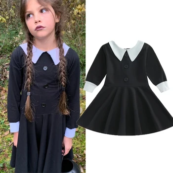 FOCUSNORM для малышей 4-10 лет, платье для вечеринки на Хэллоуин для девочек контрастного цвета с длинными рукавами и воротником 