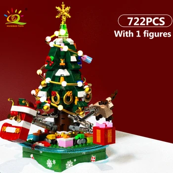 HUIQIBAO 722шт Городская Рождественская елка, Вращающаяся Музыкальная шкатулка, модель строительных блоков, детские поделки Санта-Клауса со светящимися новогодними игрушками