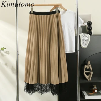 Kimutomo, Винтажный дизайн, свободные складки, кружевная юбка с разрезом, женская элегантная эластичная юбка с высокой талией, Простые Универсальные плиссированные юбки трапециевидной формы