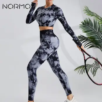 NORMOV Комплект из 2 предметов для йоги с длинным рукавом для окрашивания галстуков, поднимающий ягодицы, женский спортивный комплект, комплекты для тренажерного зала с высокой талией для женщин, бесшовный тренировочный набор