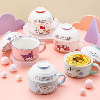 Sanrio Kawaii Hello Kitty Kuromi My Melody Cinnamoroll Керамическая чаша Термостойкая мультяшная миска для лапши быстрого приготовления Подарок на день рождения