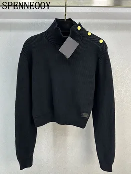 SPENNEOOY/ Осенне-зимние модные свободные пуловеры черного цвета, женские однотонные свободные свитера с воротником-стойкой и длинными рукавами на пуговицах
