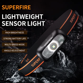 Superfire HL05-G Светодиодный налобный фонарь мощностью 5 Вт, USB перезаряжаемый фонарик, датчик движения, мини-фонарь для кемпинга, рыбалки, налобный фонарь