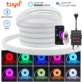 Tuya WIFI Alexa Bluetooth RGB Неоновый свет 110V 220V Водонепроницаемый Сад на открытом воздухе Красочная Гибкая лента-веревка Светодиодная лента