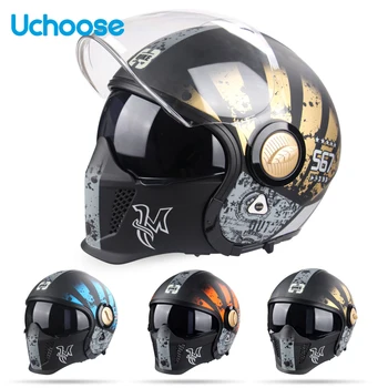 Uchoose Комбинированный шлем Black Warrior, Полнолицевой Полушлем, Мотоциклетный шлем, Ретро-Мото, Многоцелевые Шлемы для мотоцикла