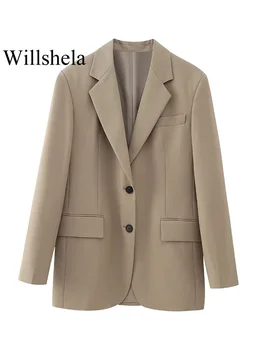 Willshela Женская мода с карманами, однобортный блейзер цвета Хаки, винтажный вырез с длинными рукавами, женские шикарные наряды для леди