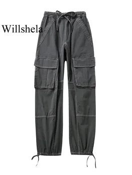 Willshela/ Модные женские брюки-карго с карманами, серые брюки-карго на завязках, винтажные женские брюки с высокой талией во всю длину, Шикарные женские брюки