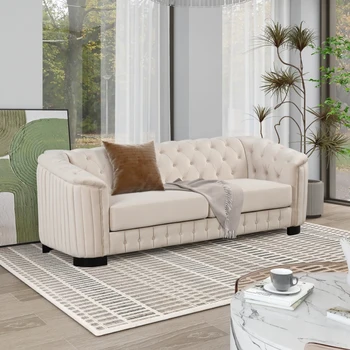 Бежевый / серый 82-дюймовый Современный 2-местный диван середины века с ножками из Каучукового дерева, обитый бархатом Диван, для внутренней мебели гостиной