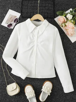 Белая рубашка Для девочек, Весенне-Осенний наряд, Чисто Белая блузка, Рубашка с откидным воротником и длинными рукавами, Модная Универсальная Осенняя рубашка от 8 до 14 лет