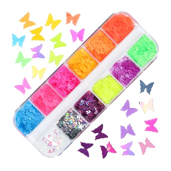 Блестящие Неоновые Бабочки Для дизайна ногтей, флуоресцентные 3D Блестящие хлопья для маникюра, французские подвески, Украшения для ногтей, Аксессуары
