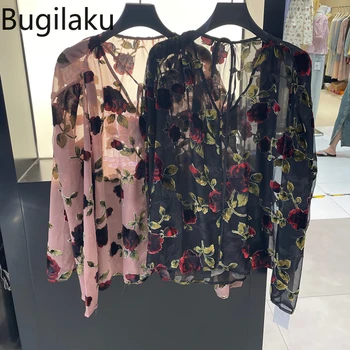 Блузка с цветочным рисунком Бугилаку, женские Корейские модные рубашки с длинным рукавом, женские слегка прозрачные топы, новое поступление Camisas Mujer