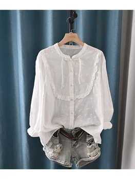 Винтажная Белая рубашка с оборками в стиле Лолиты, открытой вышивкой, Блузка с длинным рукавом Mori 2023 Осень