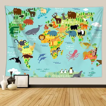 Гобелен с картой мира животных, висящий на стене, Большие детские образовательные ориентиры, Карта мира, Гобелен с картой детского сада, Декор детской комнаты