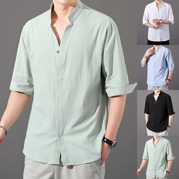Горячая распродажа мужских рубашек с короткими рукавами из хлопка и льна, летние однотонные рубашки с отложным воротником, быстросохнущие, повседневный пляжный стиль, большие размеры