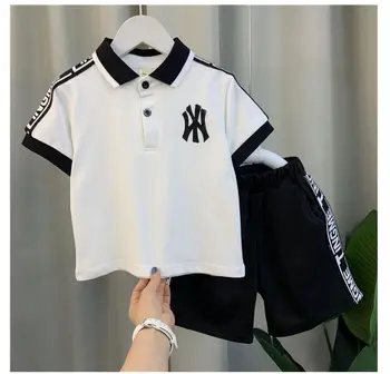 Детская рубашка поло для мальчиков, летняя красивая одежда интернет-знаменитостей с коротким рукавом, модный крутой комплект футболок из двух частей
