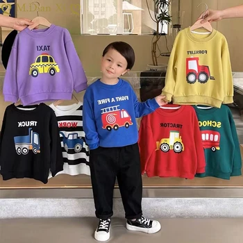 Детский милый пуловер из хлопка, детские футболки с мультяшными машинками, уличная детская одежда с длинными рукавами для мальчиков, весенняя мода 2023 года